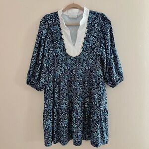 Smith & Quinn Navy Blue Floral Mini Dress XL White Collar 3/4 Sleeve Shift Tunic